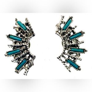 Vintage Textured Silver Tone Clip On Earrings with Turquoise Blue Accents